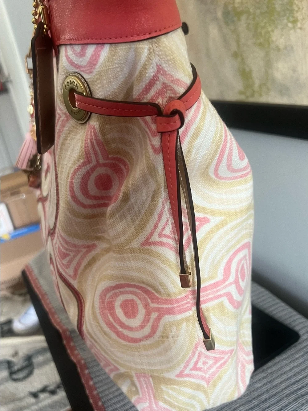 Coach Audrey Signature OP‎ Art Leigh Tote Bag Coral Pink Canvas Leather